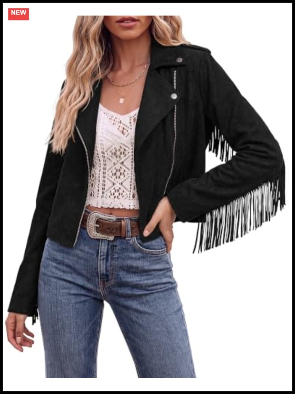 Faux Suede Fringe Cropped Moto Jacket Zip Up Western